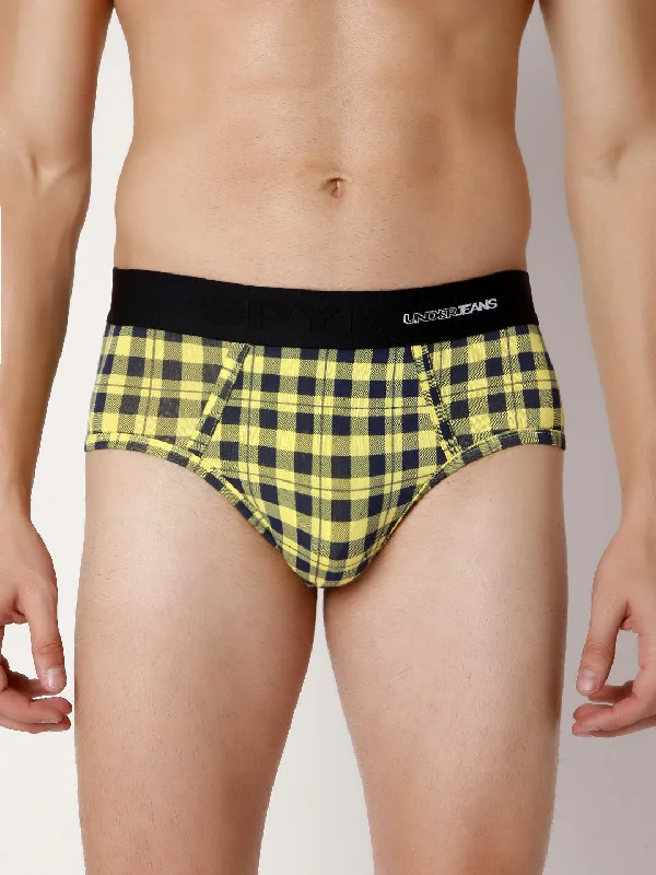 Men's briefs with a wide waistband for comfortMen Premium Yellow Check Cotton Blend Brief- Underjeans By Spykar