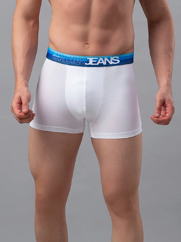 Soft - touch men's trunks for a gentle feelMen Premium White-Blue Cotton Blend Trunk- Underjeans By Spykar Soft - touch men's trunks for a gentle feelMen Premium White-Blue Cotton Blend Trunk- Underjeans By Spykar