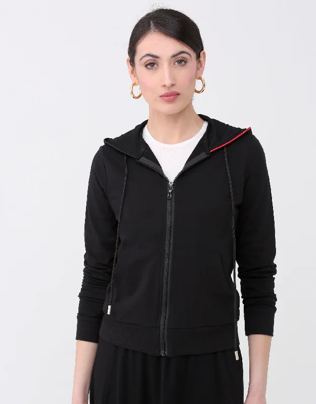 Water - resistant men's robes for post - shower useZippered Kanga Hoodie with Dual Color Accent Hood Black Red
